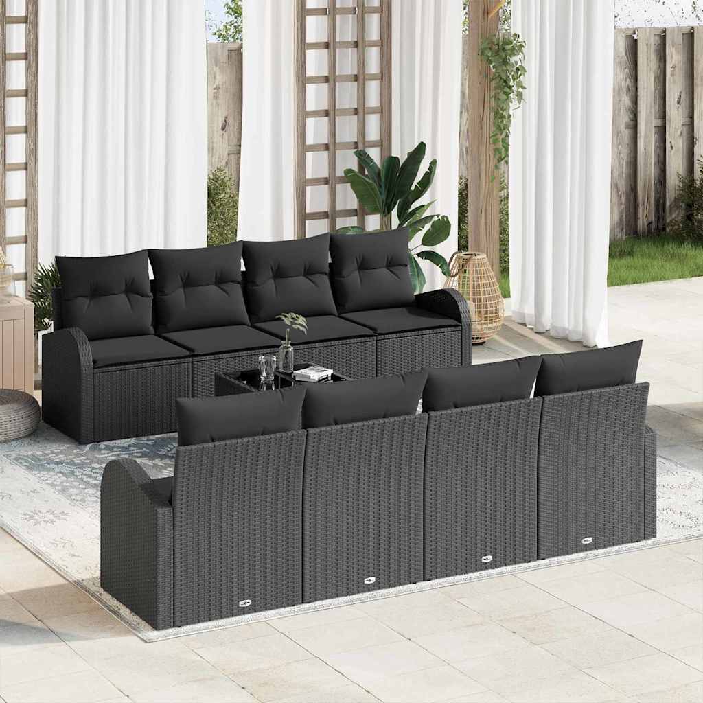 Havesofa Sæt med opbevaring med pude 9 pcs Sort polyrattan