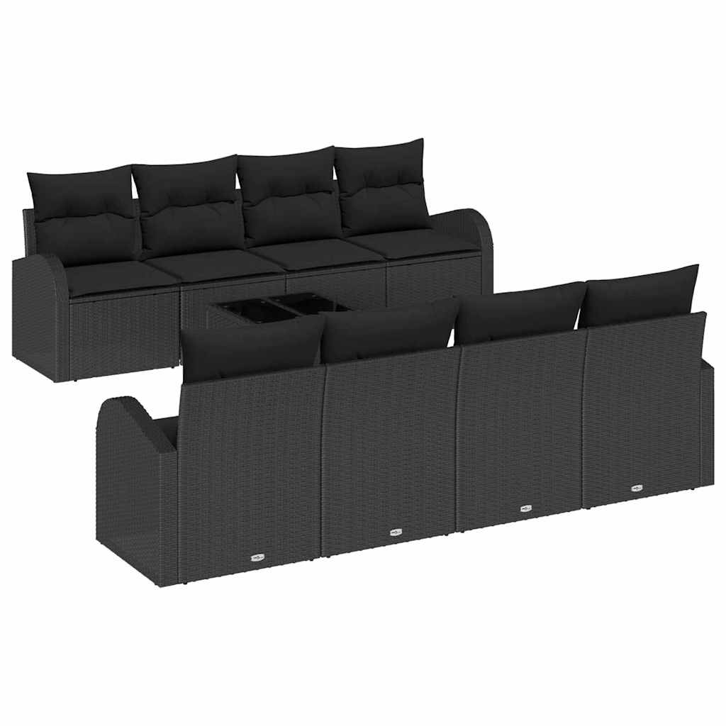 Havesofa Sæt med opbevaring med pude 9 pcs Sort polyrattan