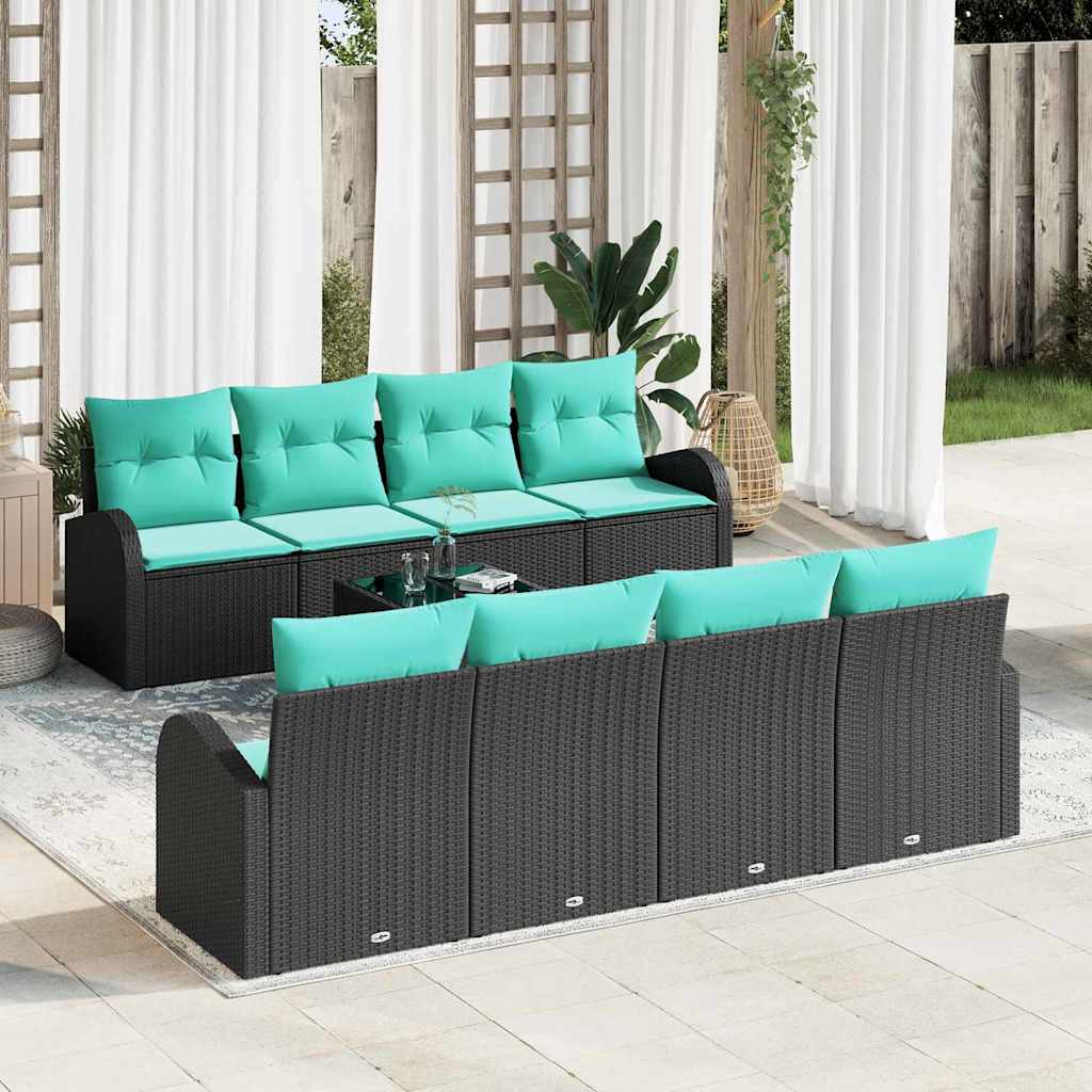 Sofa Sæt med pude 9 pcs Sort og turkis polyrattan