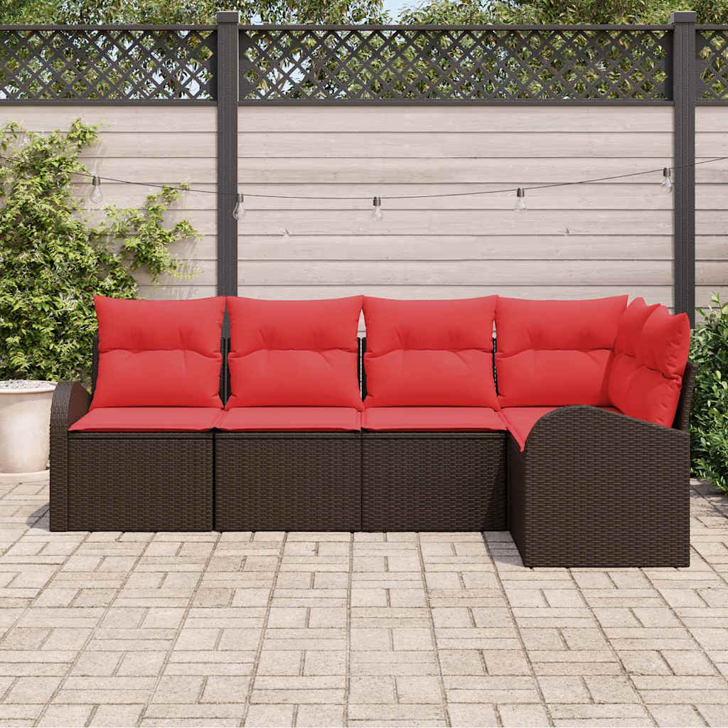 Havesofa Sæt med pude 5 pcs Brun og Rød polyrattan