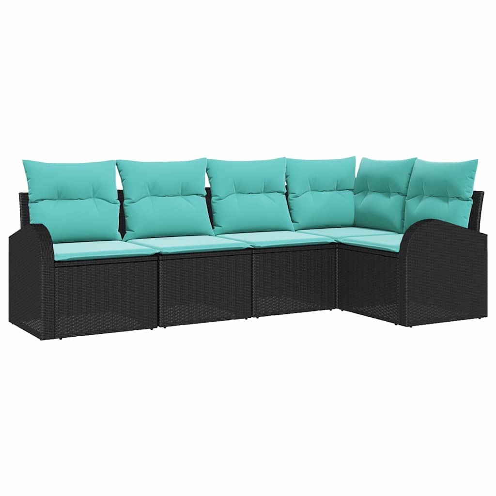 Havesofa Sæt med pude 5 pcs Sort og turkis polyrattan
