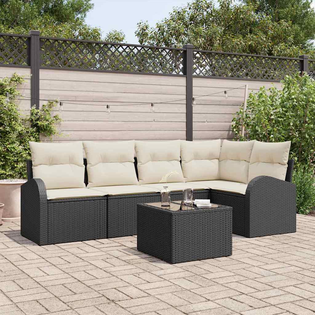 Havesofa Sæt med pude 6 pcs Sort og Hvid polyrattan