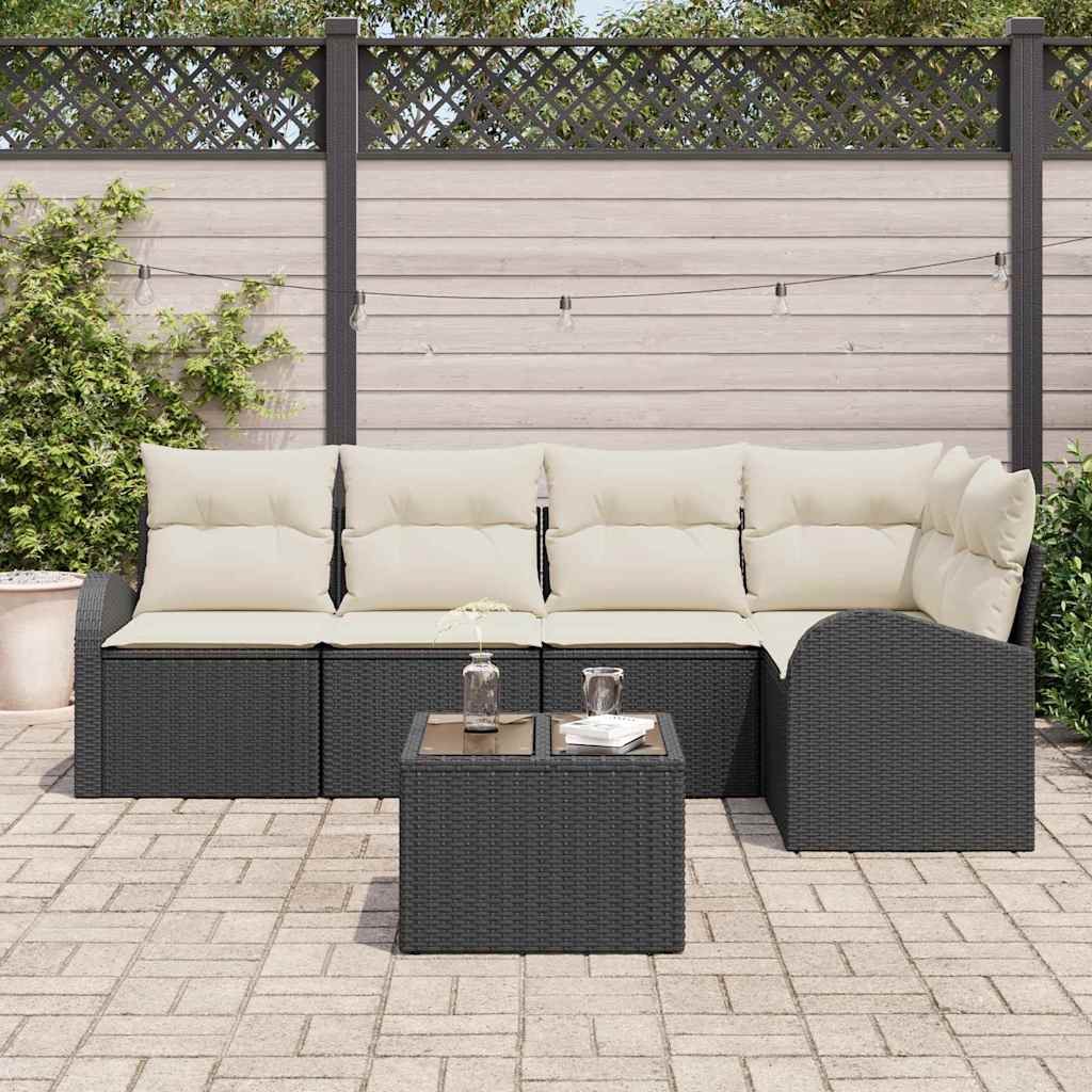 Havesofa Sæt med pude 6 pcs Sort og Hvid polyrattan