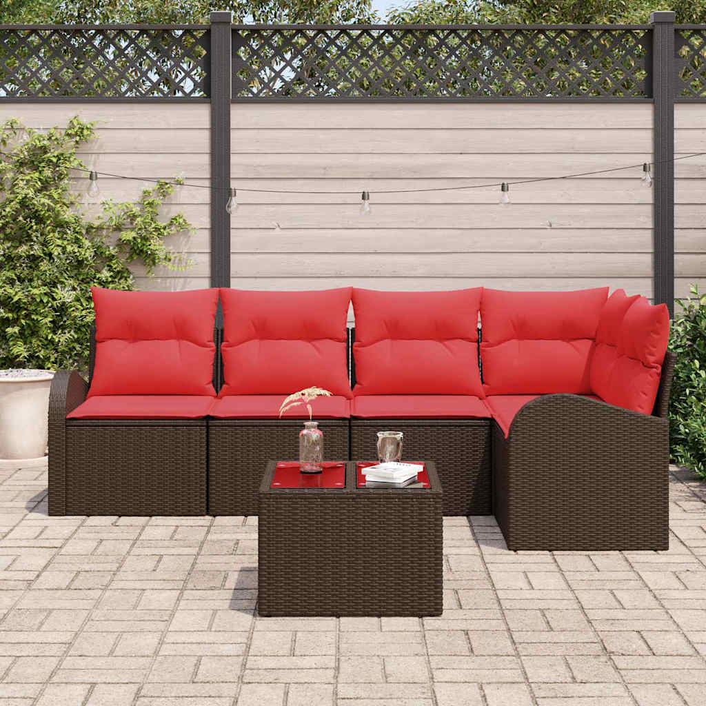 Havesofa Sæt med pude 6 pcs Brun og Rød polyrattan