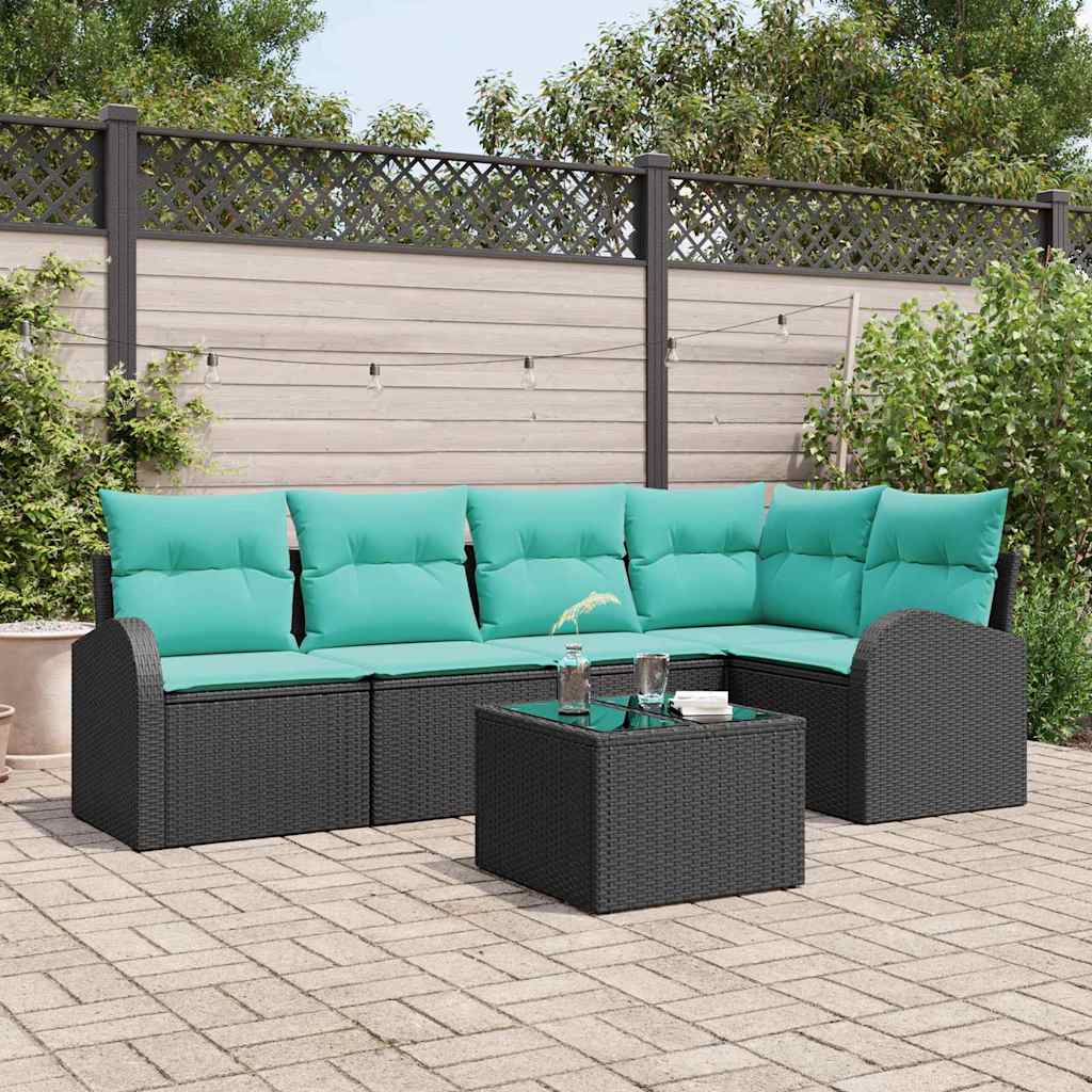Havesofa Sæt med pude 6 pcs Sort og turkis polyrattan