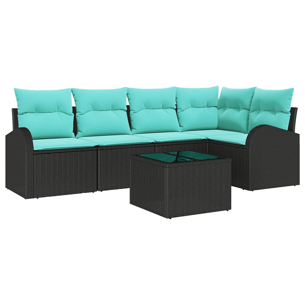 Havesofa Sæt med pude 6 pcs Sort og turkis polyrattan
