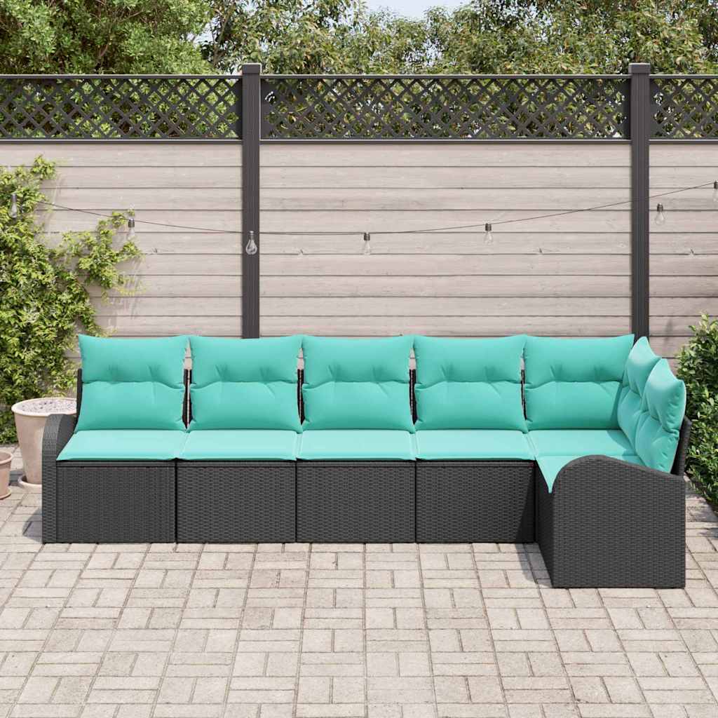 Havesofa Sæt med pude 6 pcs Sort og turkis polyrattan