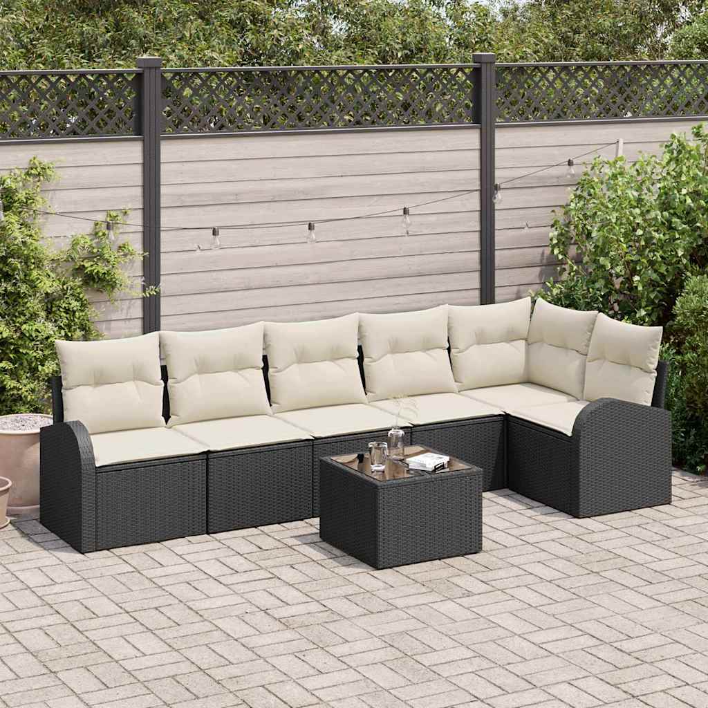 Havesofa Sæt med pude 7 pcs Sort og Hvid polyrattan