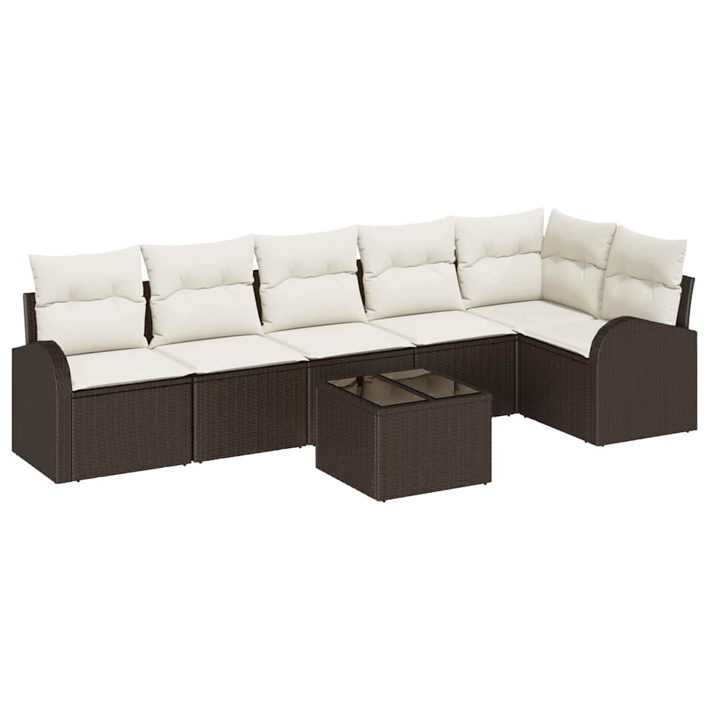 Havesofa Sæt med pude 7 pcs Brun og hvid polyrattan
