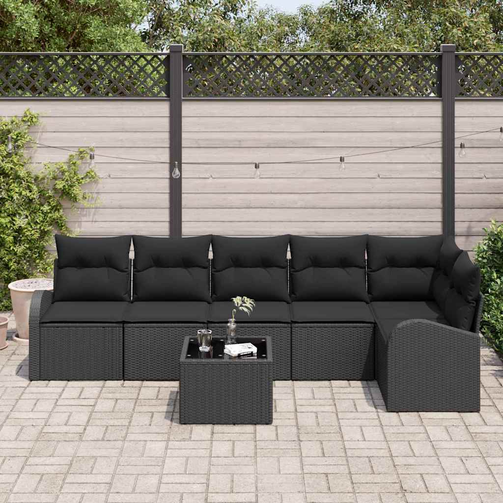 Havesofa Sæt med pude med opbevaring 7 pcs Sort polyrattan