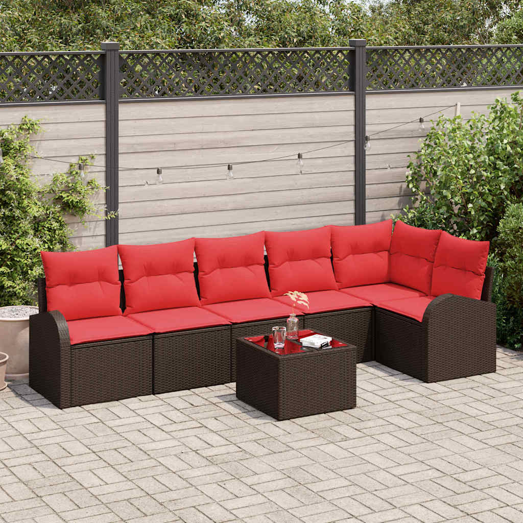 Havesofa Sæt med pude 7 pcs Brun og Rød polyrattan