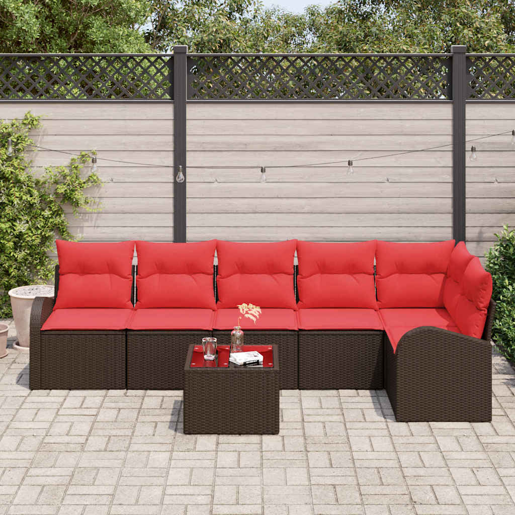 Havesofa Sæt med pude 7 pcs Brun og Rød polyrattan