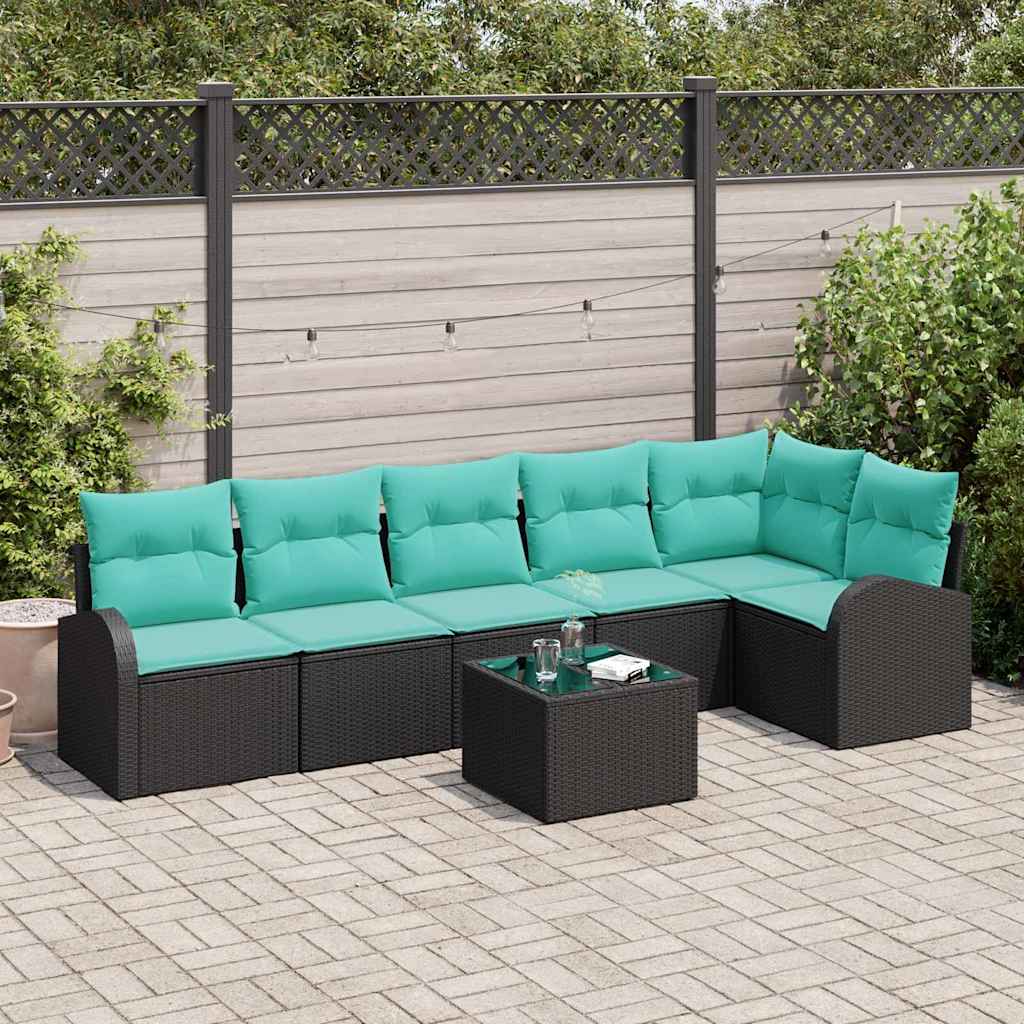 Havesofa Sæt med pude 7 pcs Sort og turkis polyrattan