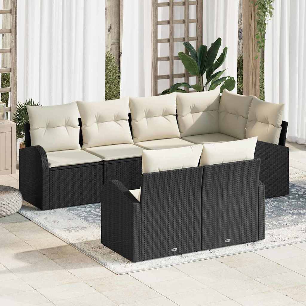 Havesofa Sæt med pude 7 pcs Sort og Hvid polyrattan