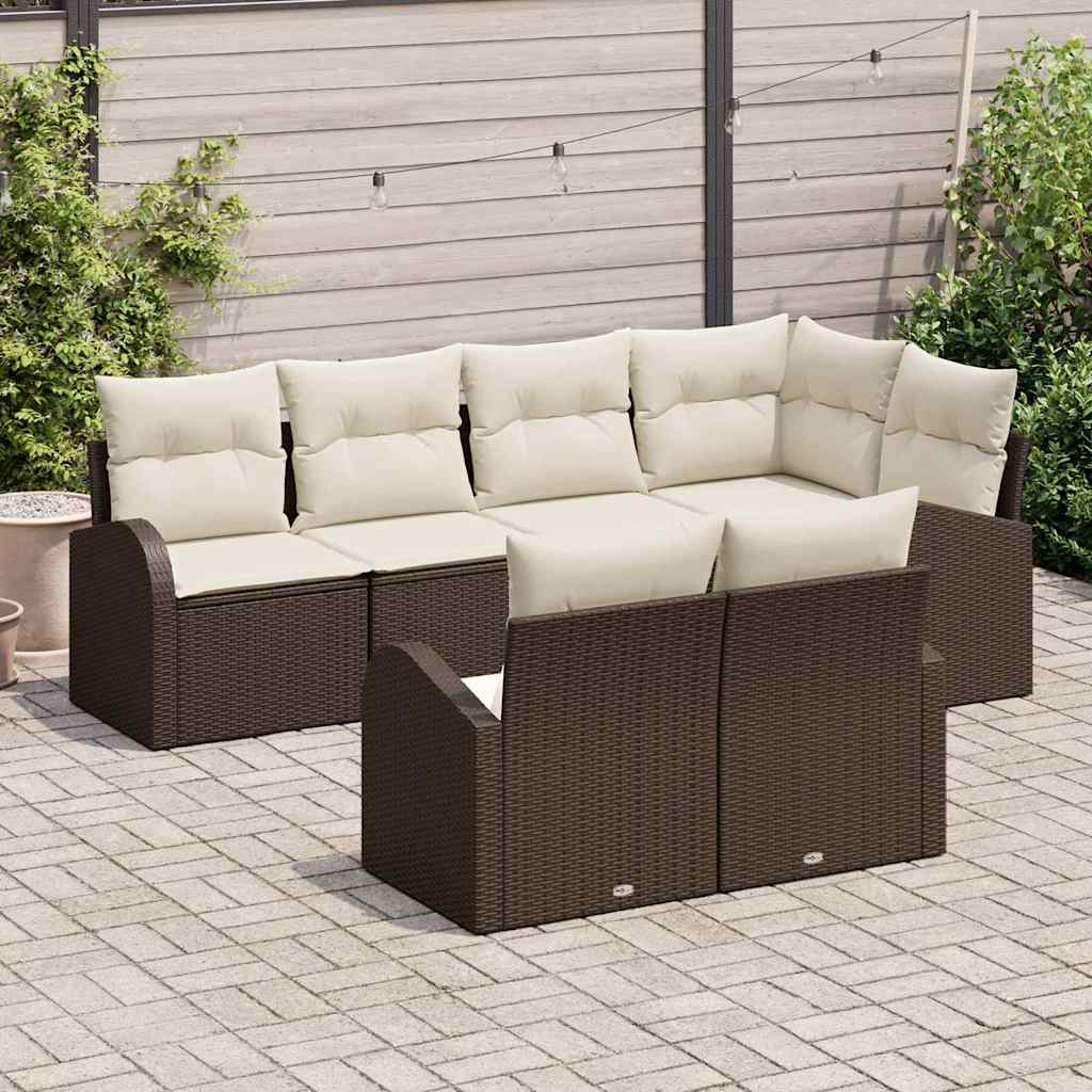 Havesofa Sæt med pude 7 pcs Brun og hvid polyrattan