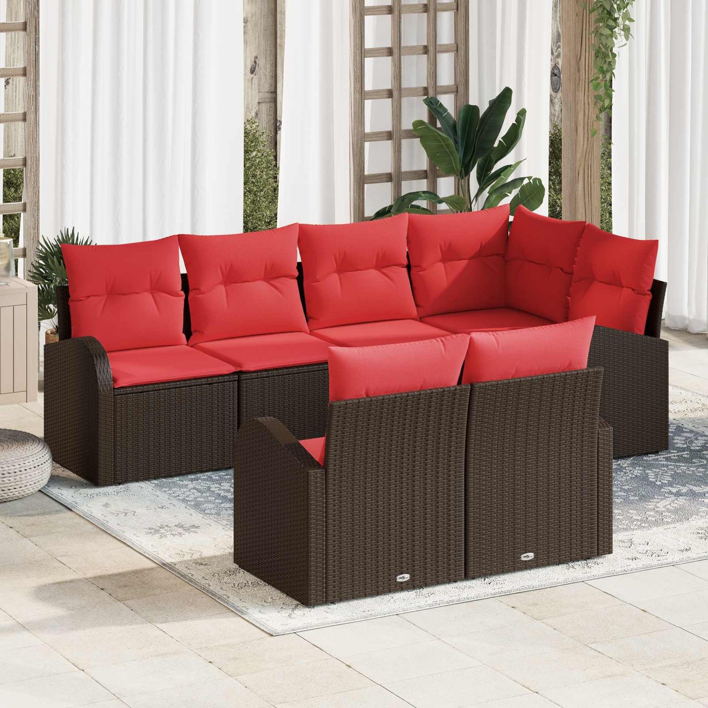 Havesofa Sæt med pude 7 pcs Brun og Rød polyrattan