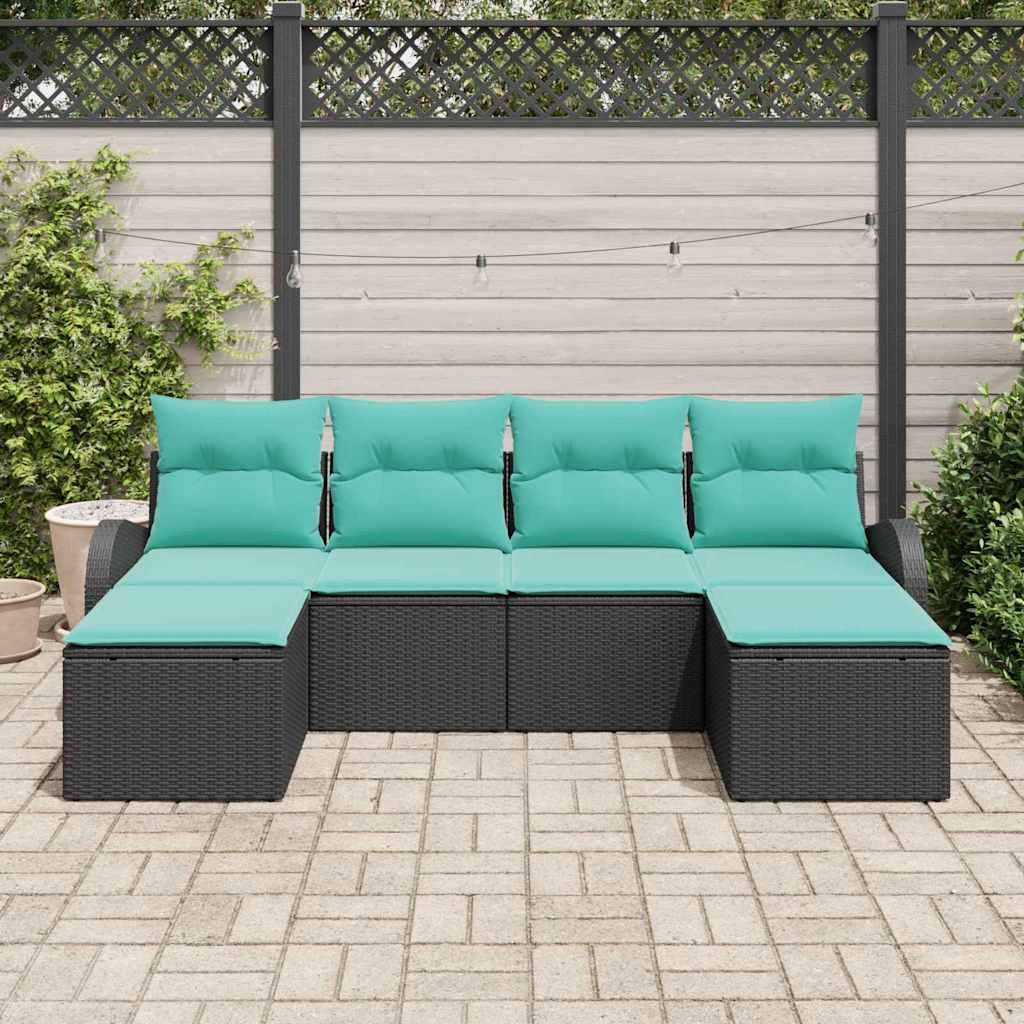 Sofa Sæt med pude 6 pcs Sort og turkis polyrattan