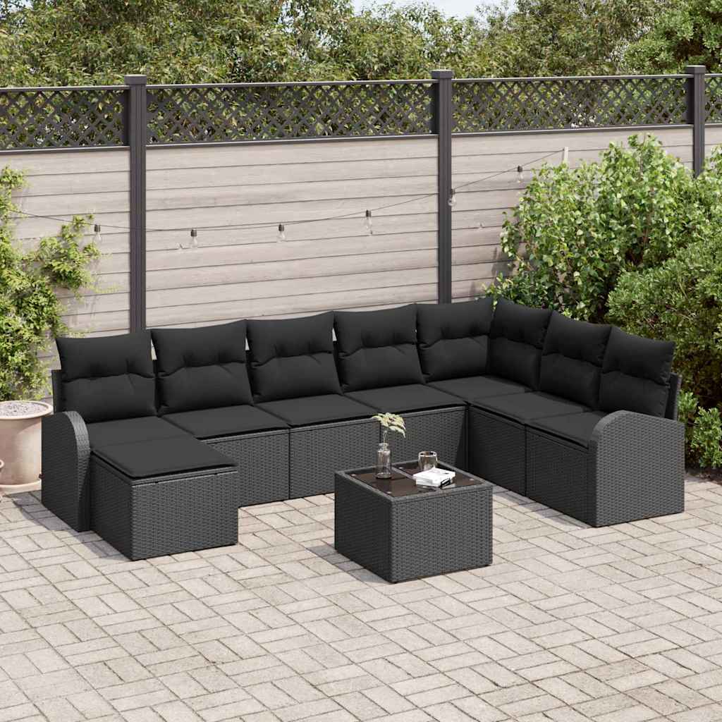 Sofa Sæt med pude med opbevaring 9 pcs Sort polyrattan