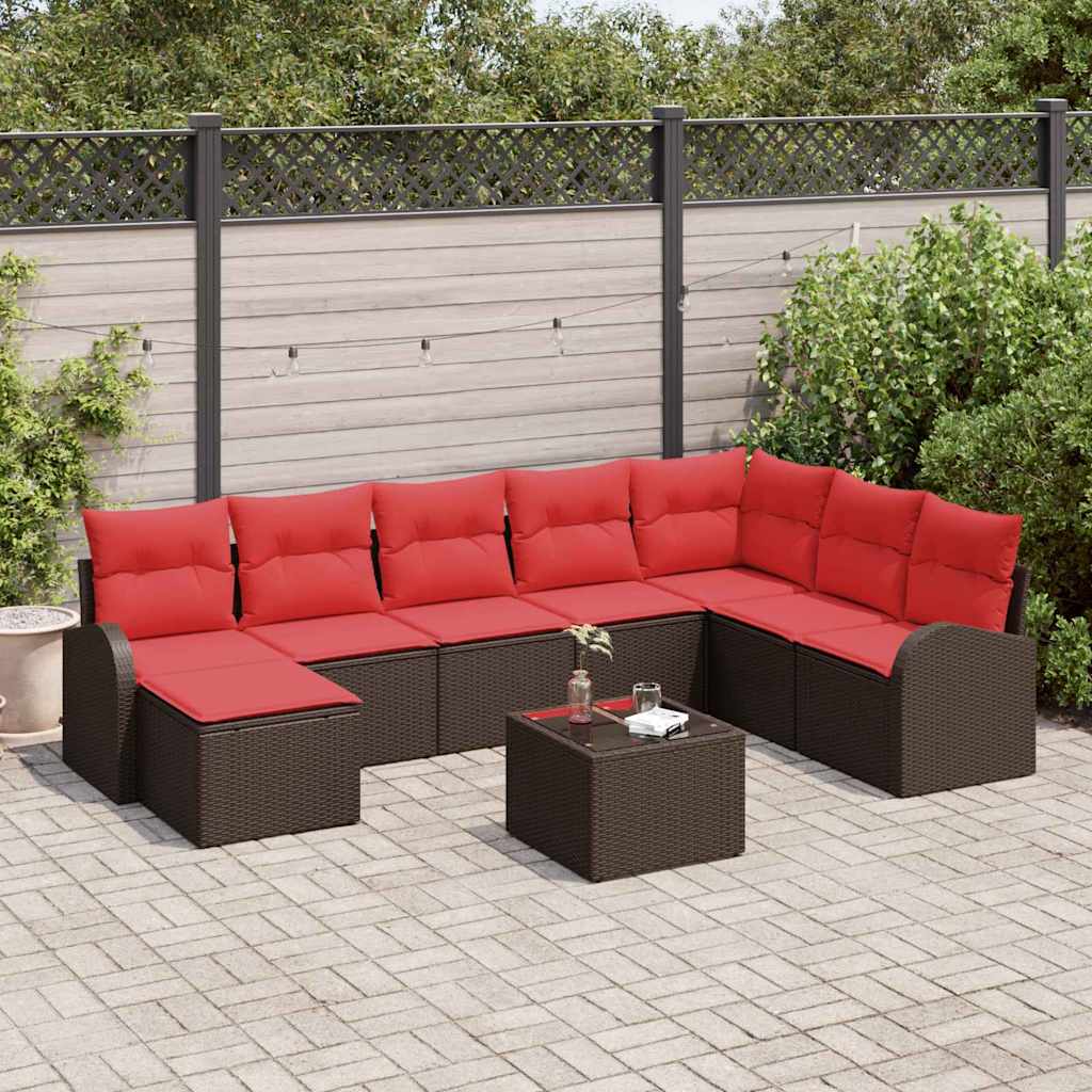Sofa Sæt med pude med opbevaring 9 pcs Brun og Rød polyrattan