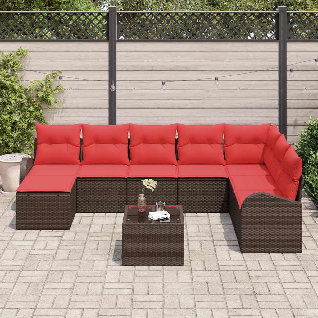 Sofa Sæt med pude med opbevaring 9 pcs Brun og Rød polyrattan