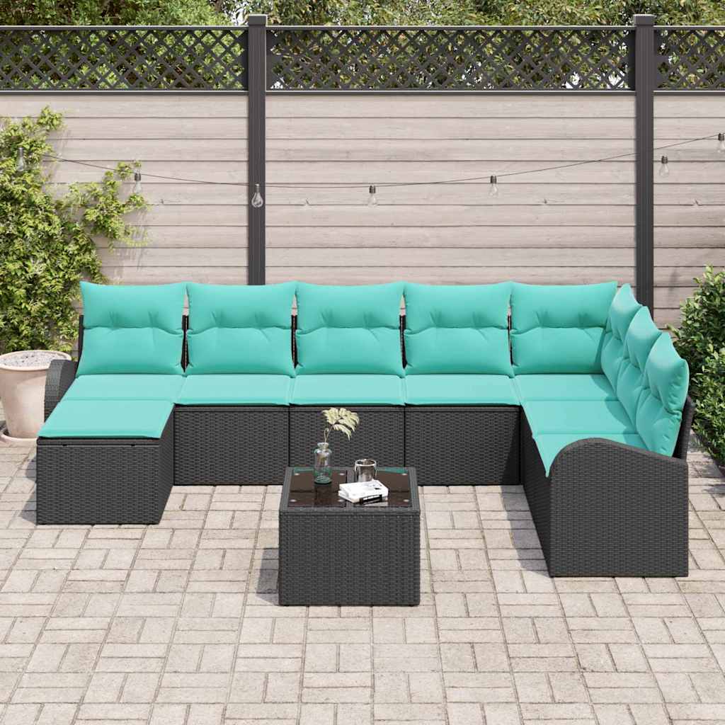 Sofa Sæt med pude 9 pcs Sort og turkis polyrattan