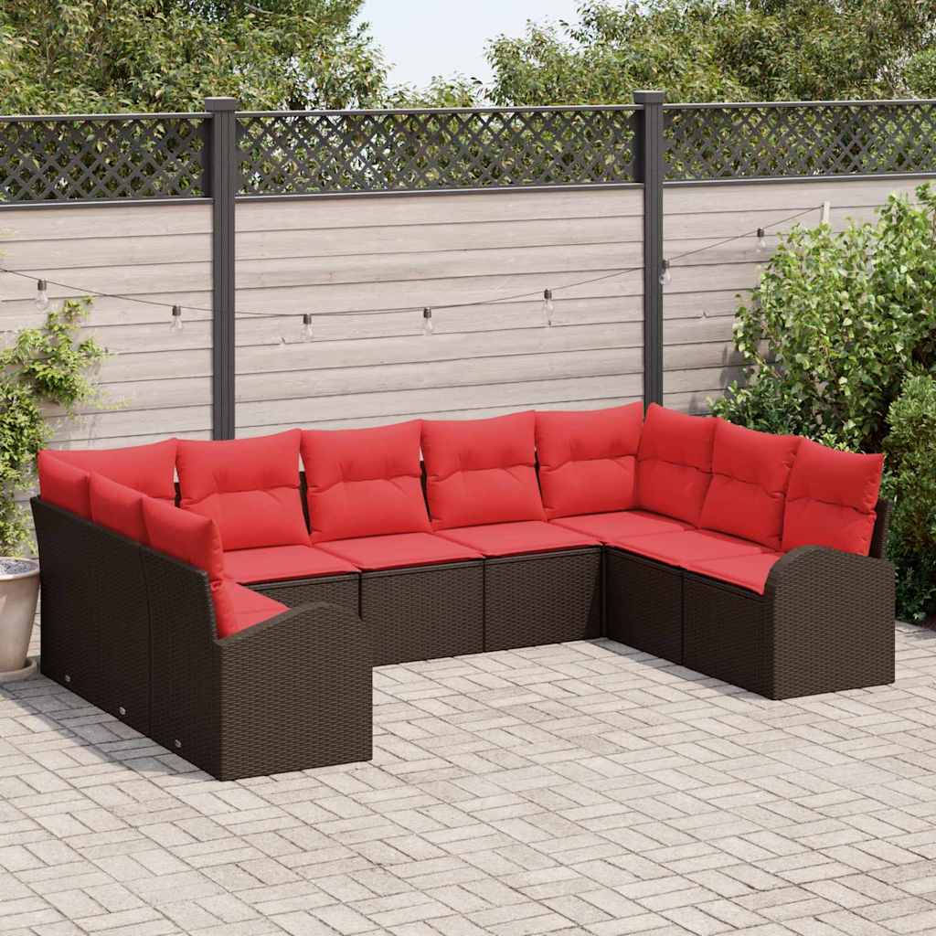 Havesofa Sæt med pude 9 pcs Brun og Rød polyrattan