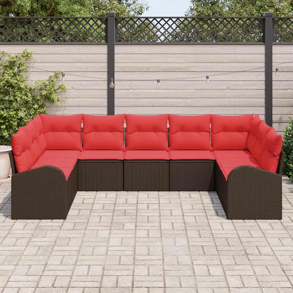 Havesofa Sæt med pude 9 pcs Brun og Rød polyrattan
