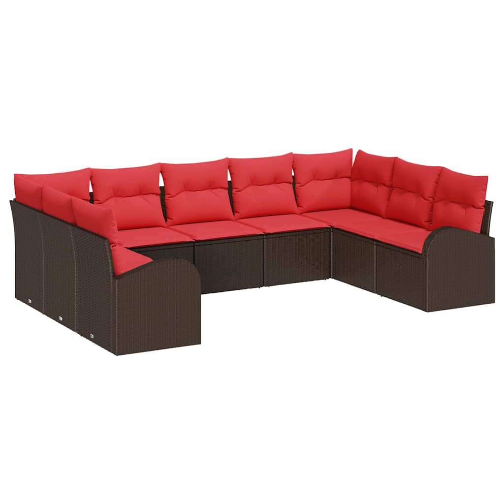 Havesofa Sæt med pude 9 pcs Brun og Rød polyrattan