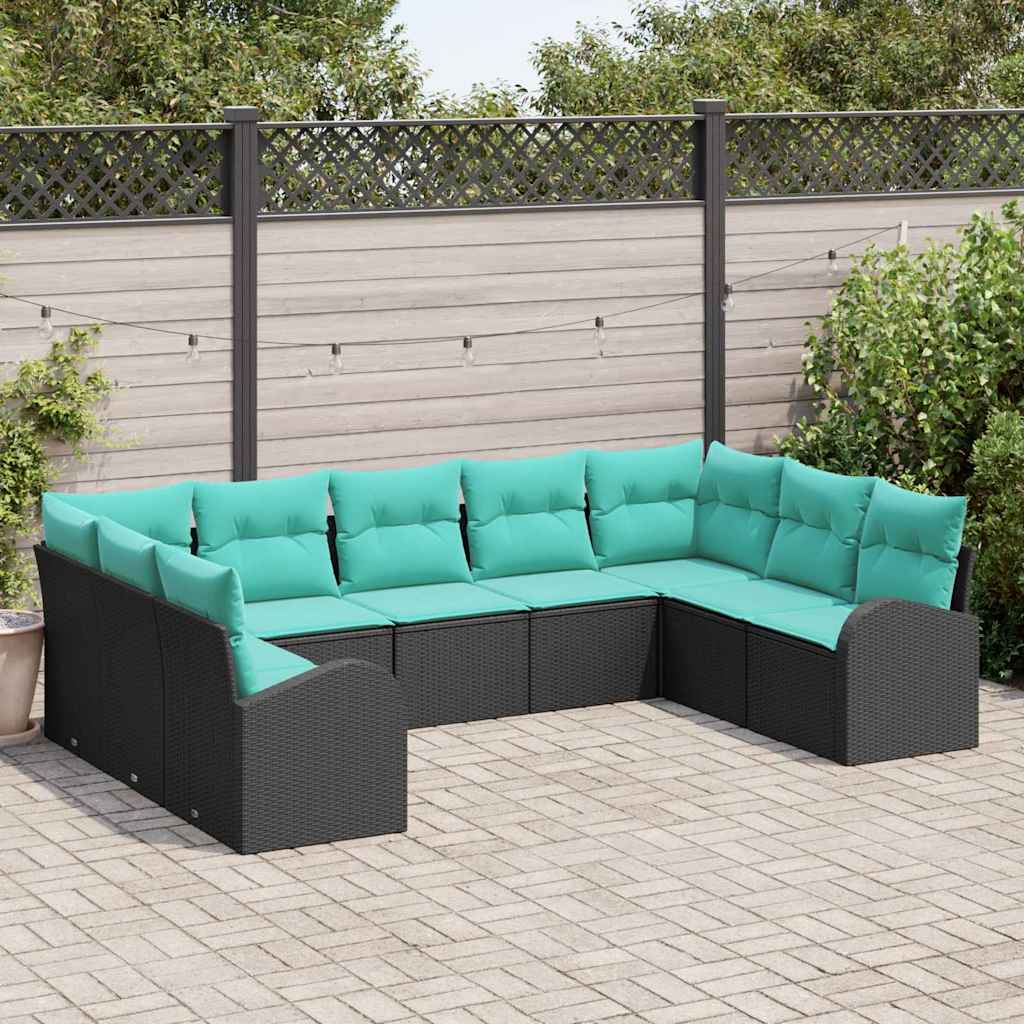 Havesofa Sæt med pude 9 pcs Sort og turkis polyrattan billede