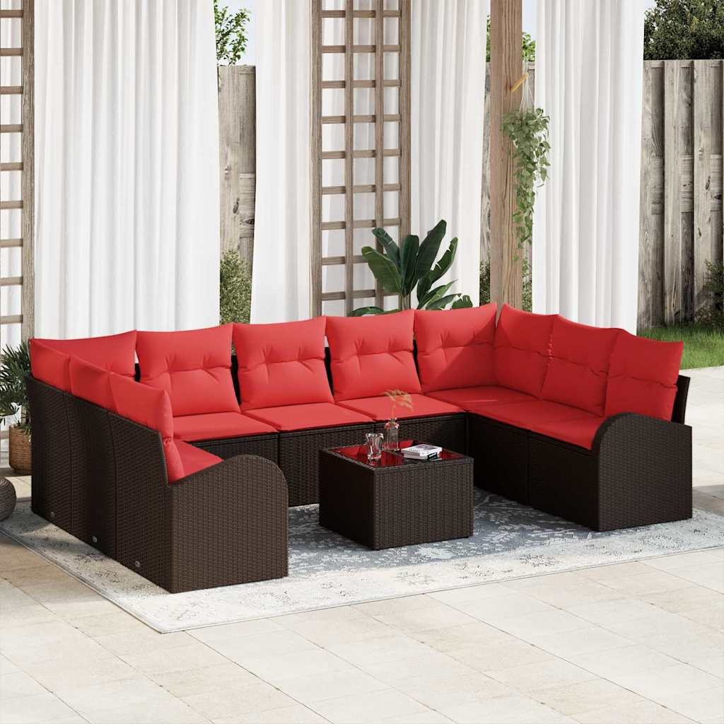 Havesofa Sæt med pude 10 pcs Brun og Rød polyrattan