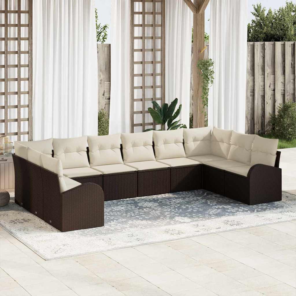 Havesofa Sæt med pude 10 pcs Brun og hvid polyrattan