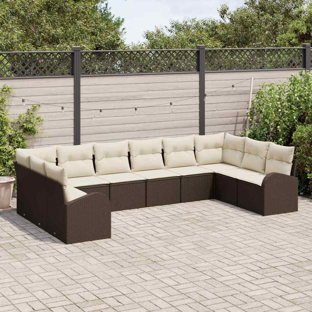 Havesofa Sæt med pude 10 pcs Brun og hvid polyrattan