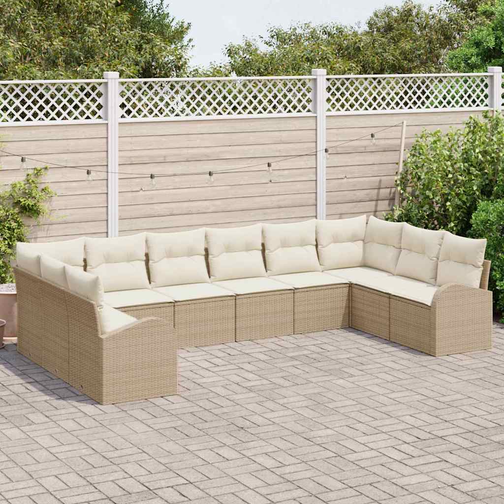 Havesofa Sæt med pude 10 pcs Beige og hvid polyrattan