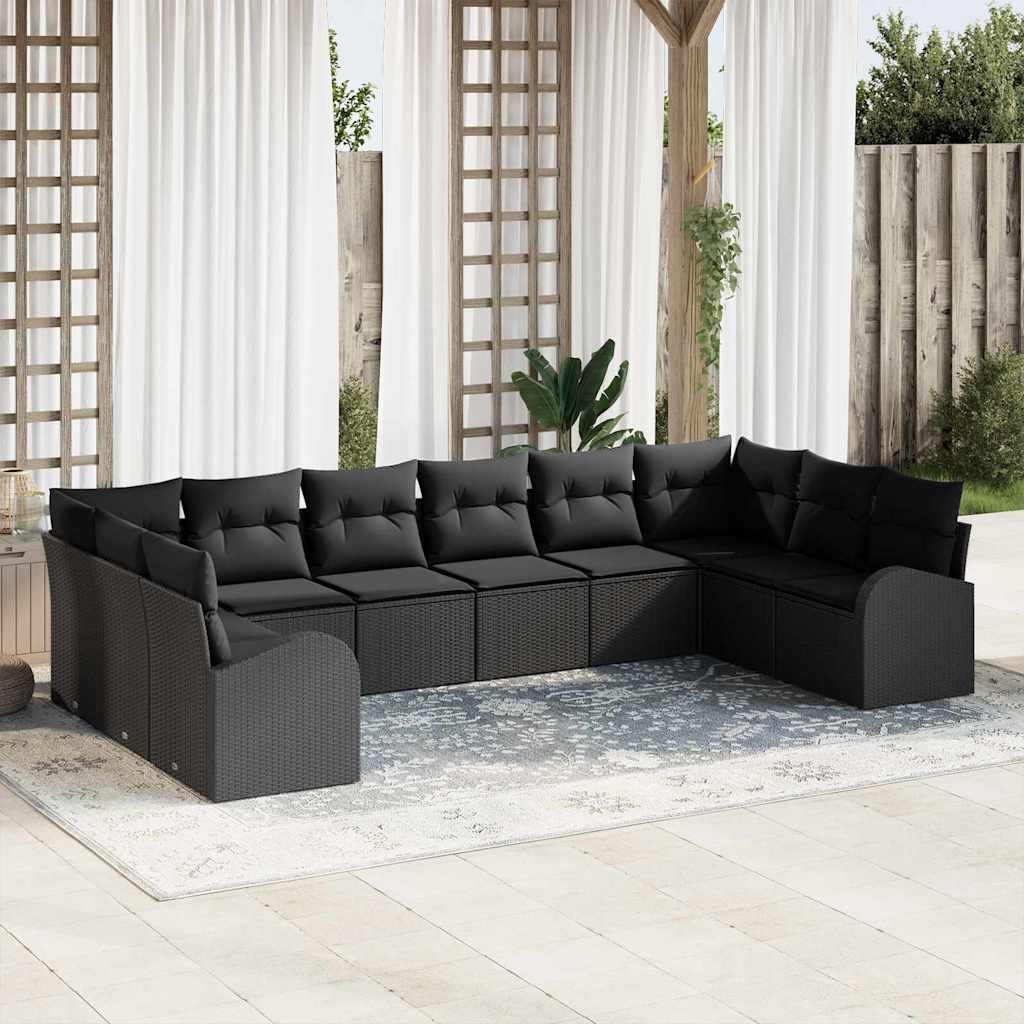 Havesofa Sæt med pude med opbevaring 10 pcs Sort polyrattan