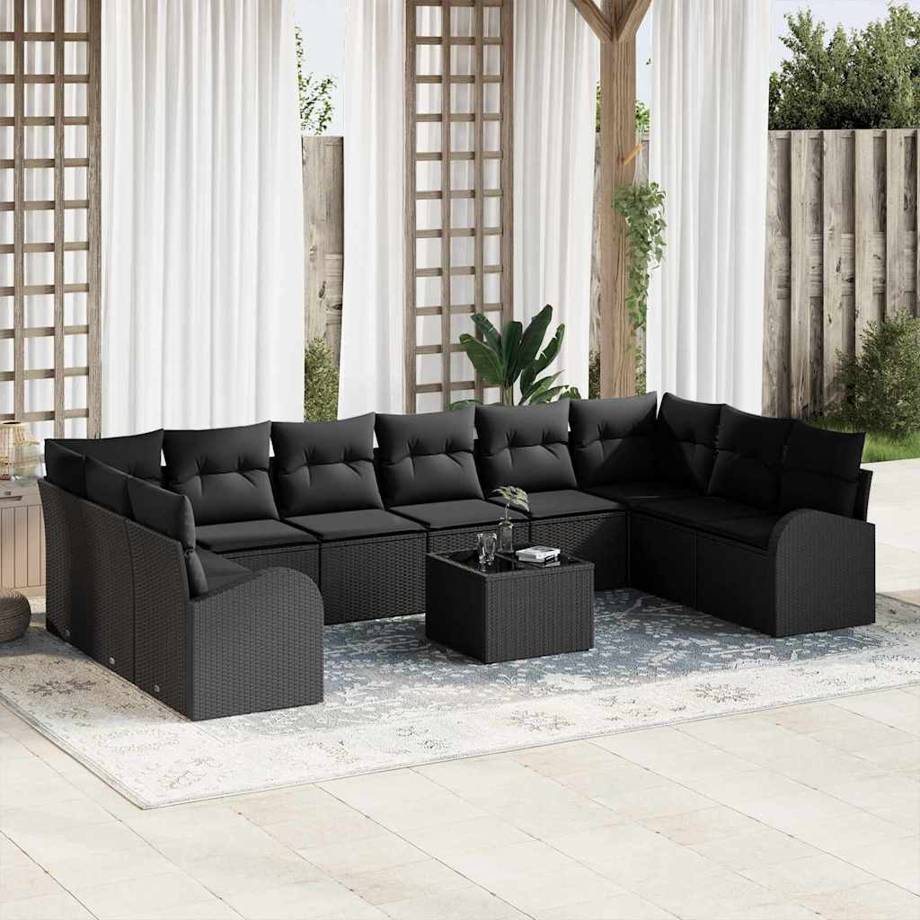 Havesofa Sæt med pude med opbevaring 11 pcs Sort polyrattan