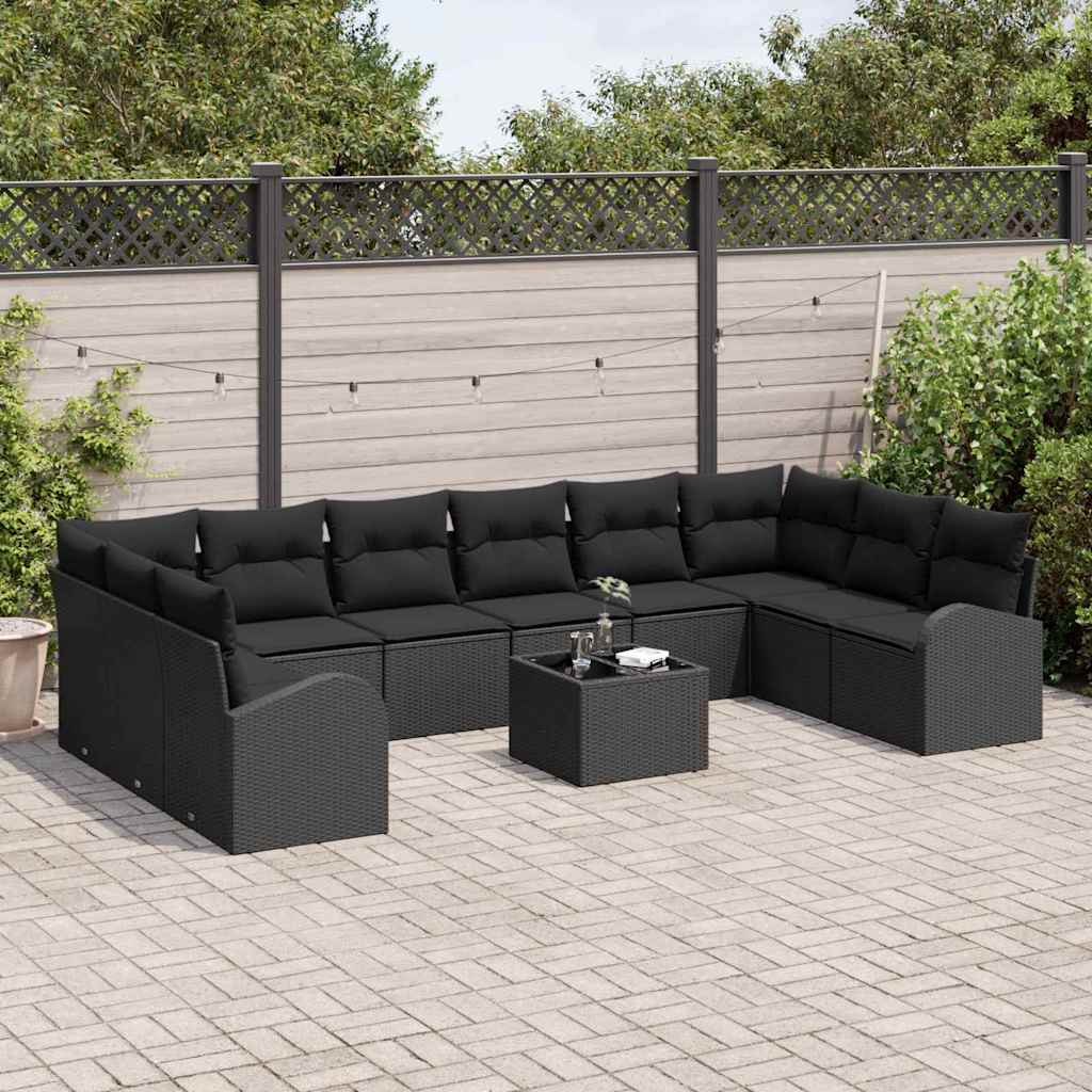 Havesofa Sæt med pude med opbevaring 11 pcs Sort polyrattan