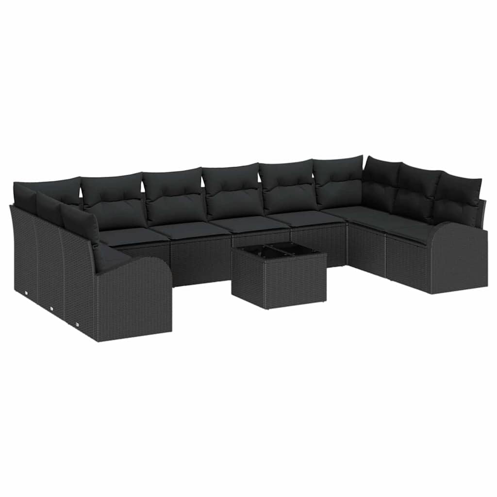 Havesofa Sæt med pude med opbevaring 11 pcs Sort polyrattan