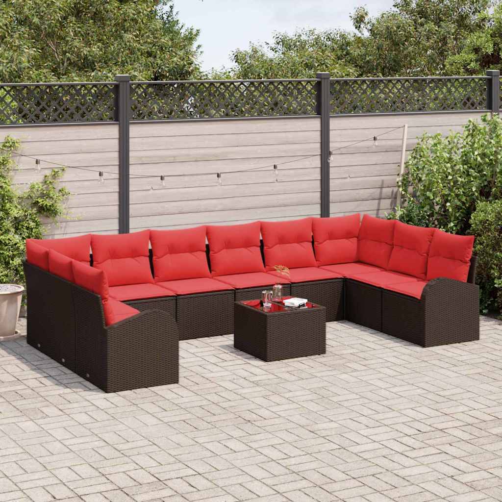 Havesofa Sæt med pude 11 pcs Brun og Rød polyrattan