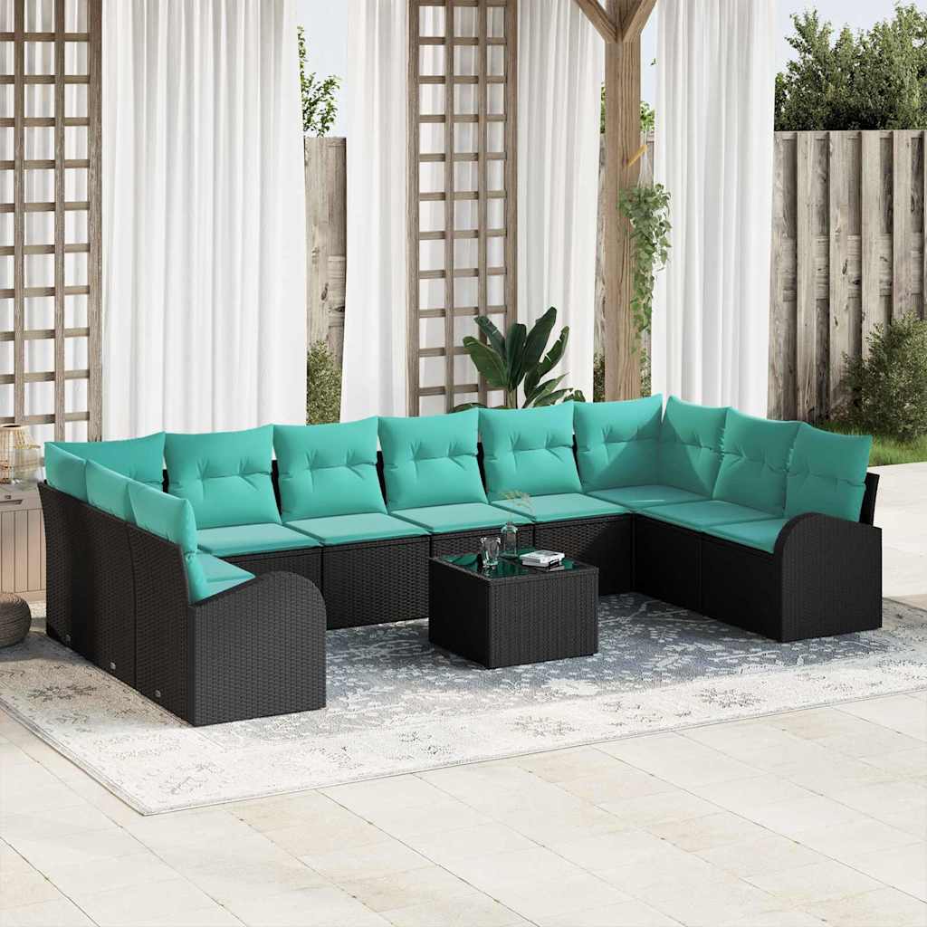 Havesofa Sæt med pude 11 pcs Sort og turkis polyrattan
