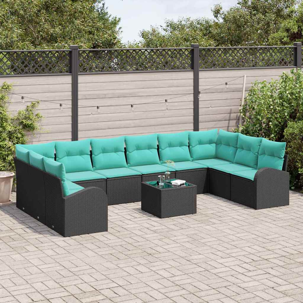 Havesofa Sæt med pude 11 pcs Sort og turkis polyrattan