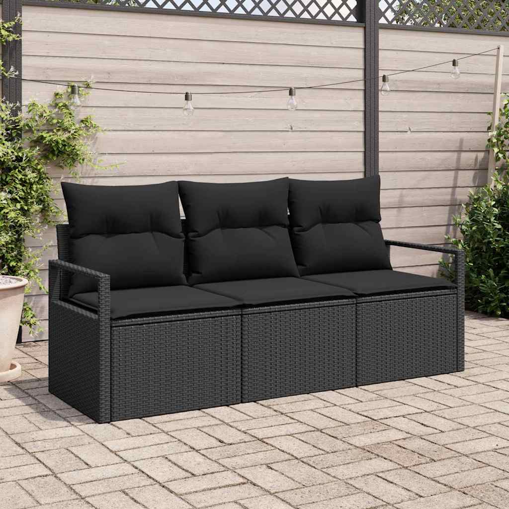 Havesofa Sæt med pude med opbevaring 3 pcs Sort polyrattan