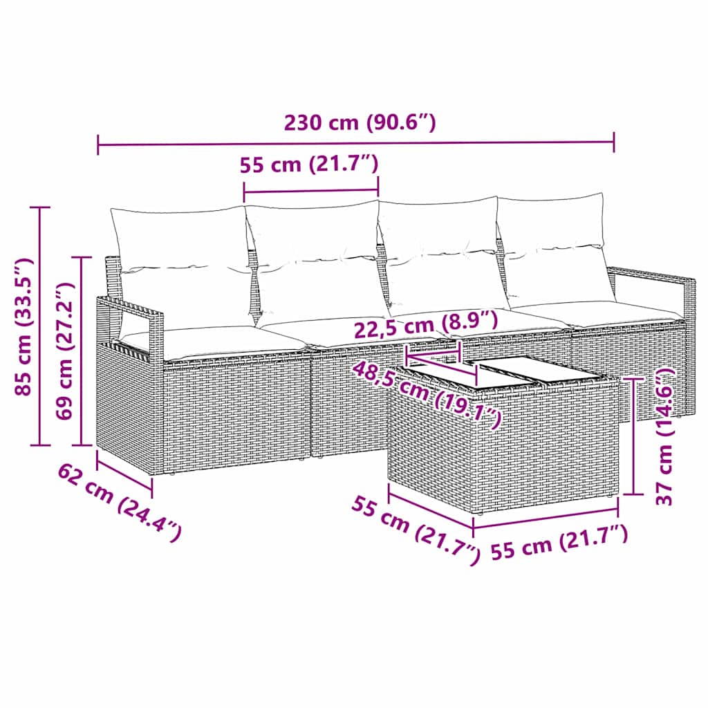 Sofa Sæt med pude med opbevaring 5 pcs Grå polyrattan