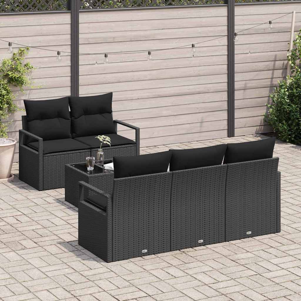 Havesofa Sæt med pude med opbevaring 6 pcs Sort polyrattan