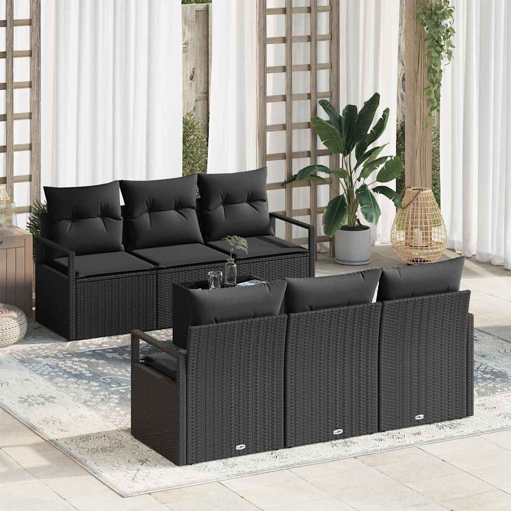 Havesofa Sæt med pude med opbevaring 7 pcs Sort polyrattan