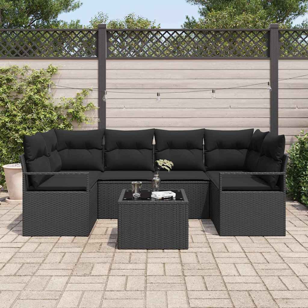 Havesofa Sæt med pude 7 pcs Sort Polyrattan og stål og glas