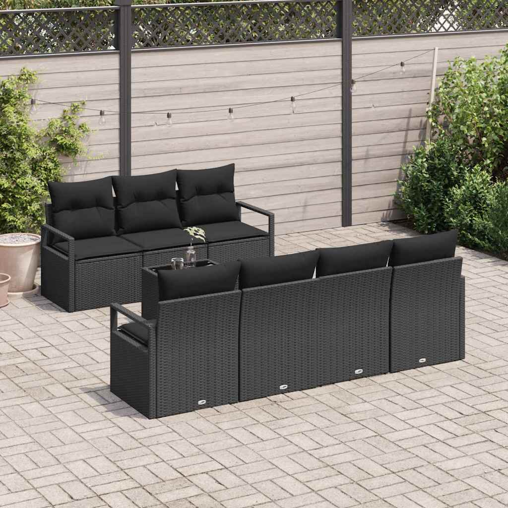 Havesofa Sæt med pude med opbevaring 8 pcs Sort polyrattan