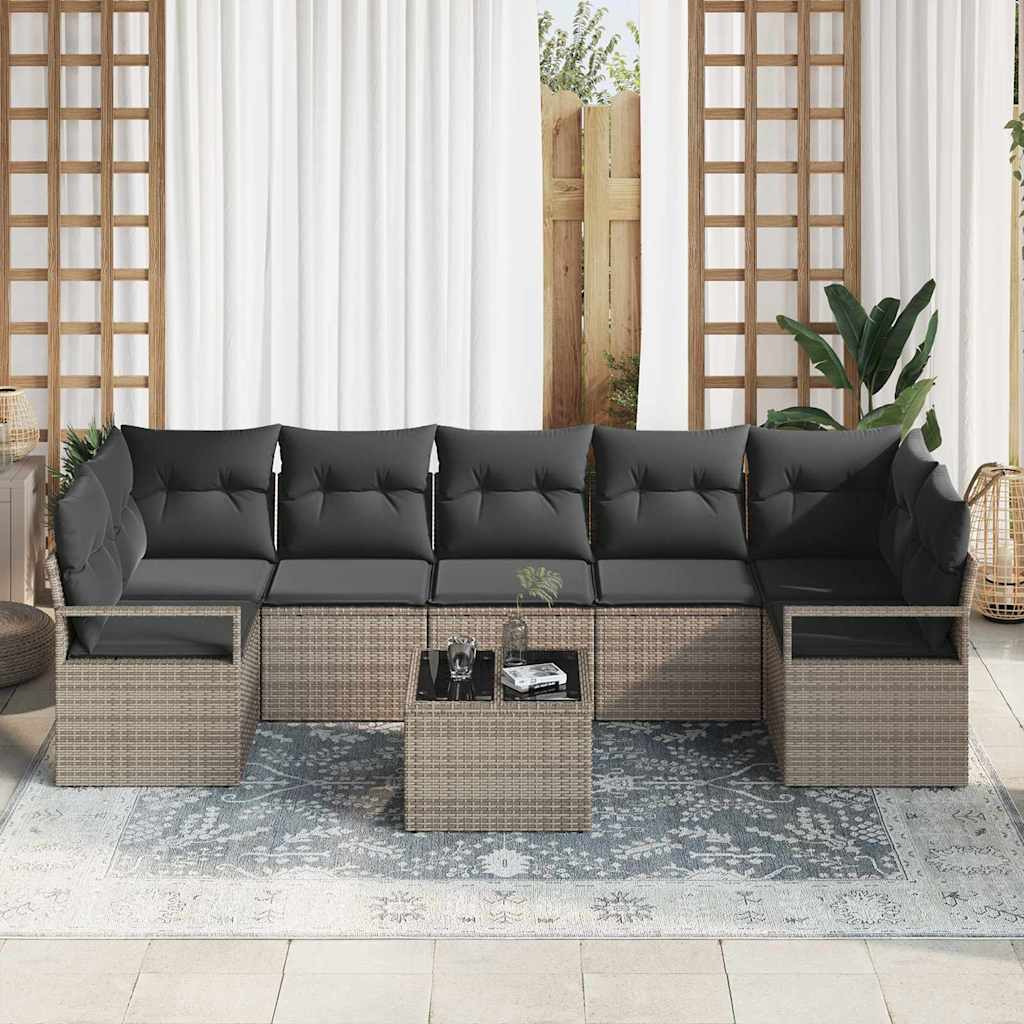 Havesofa Sæt med pude 8 pcs Grå Polyrattan og stål og glas