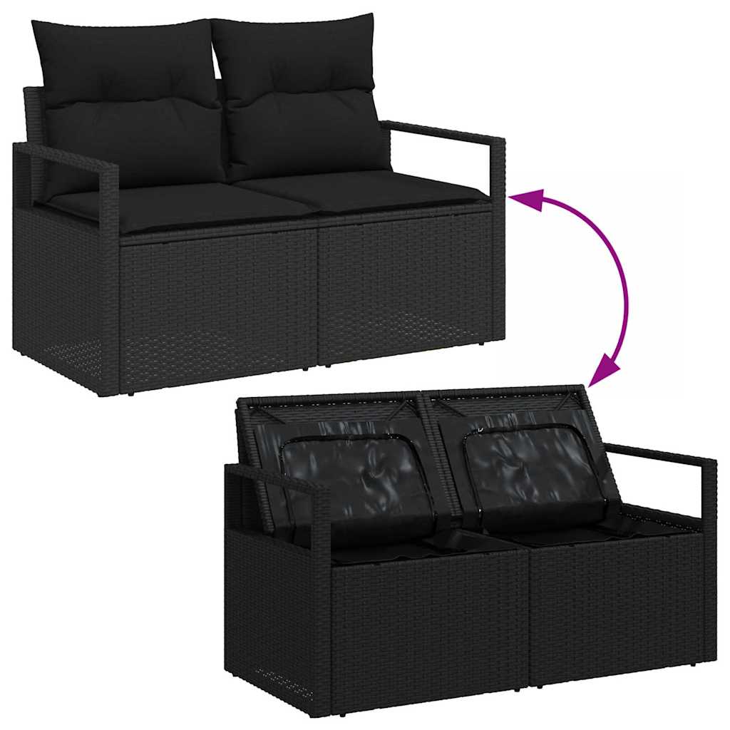Havesofa Sæt med pude 8 pcs Sort Polyrattan og stål og glas