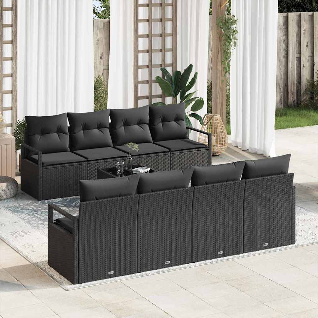Havesofa Sæt med pude med opbevaring 9 pcs Sort polyrattan