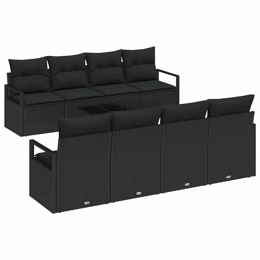 Havesofa Sæt med pude med opbevaring 9 pcs Sort polyrattan